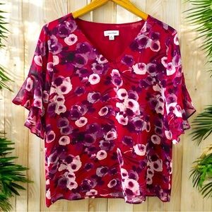 CALVIN KLEIN Red Blouse w/ Purple & White Floral Pattern - Medium
